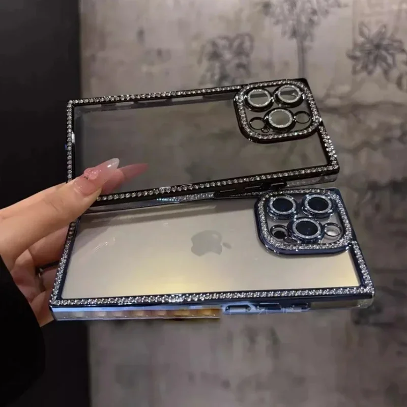 Luxury Glitter Diamond Transparent Phone Case with Square Plating and Soft Silicone Bumper Cover