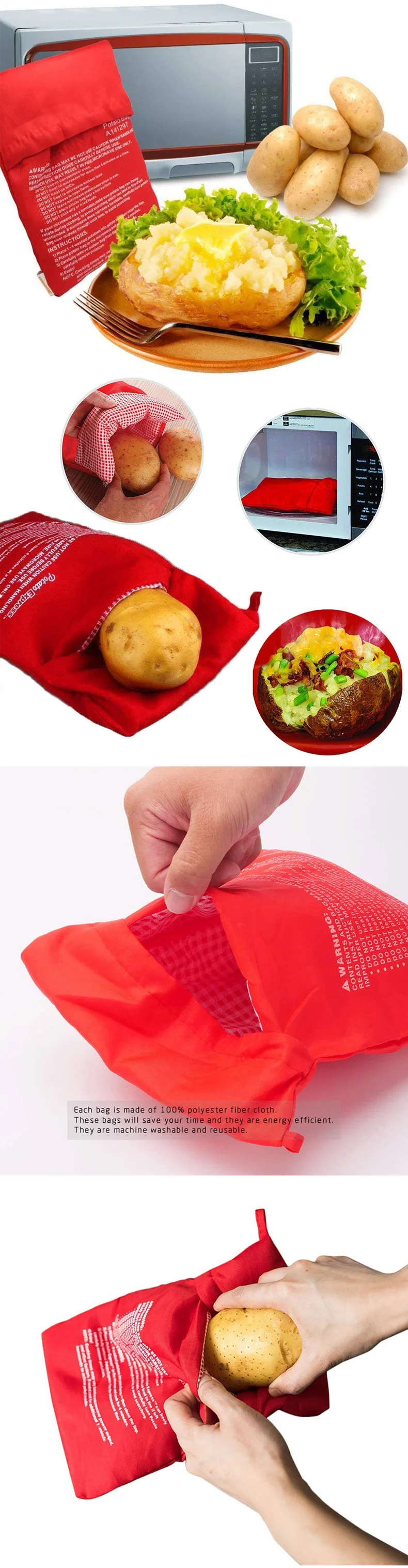 Wiederverwendbarer Mikrowellen-Kartoffelbeutel, Express-Mikrowellen-Kartoffelkocher-Beutel, Perfekt Gebackene Kartoffeln in 4 Minuten, Roter Backbeutel – Detail 1