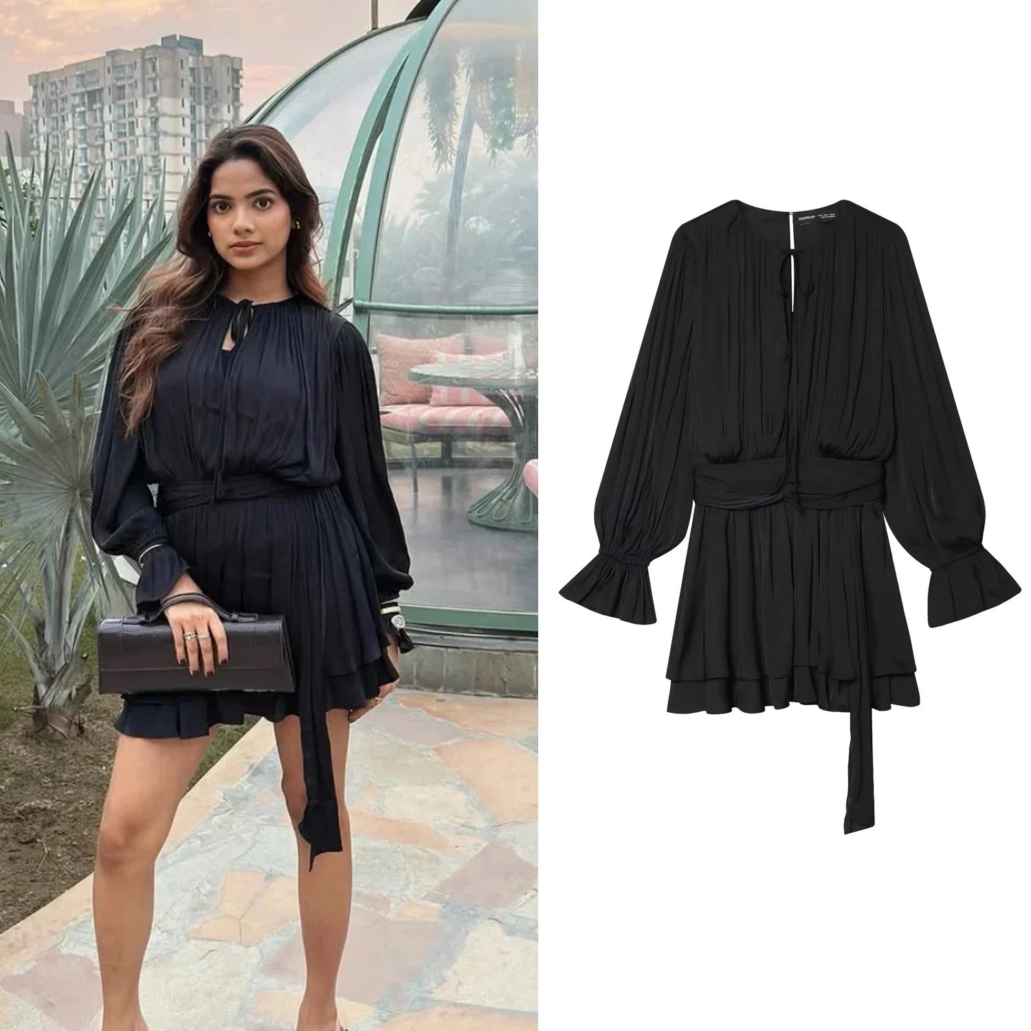 Women Black Elegant Mini Dress Female Flared Full Sleeve Pleated High Waist Ruffle Dresses Spring Autumn Chic Lady Lace Up Dress