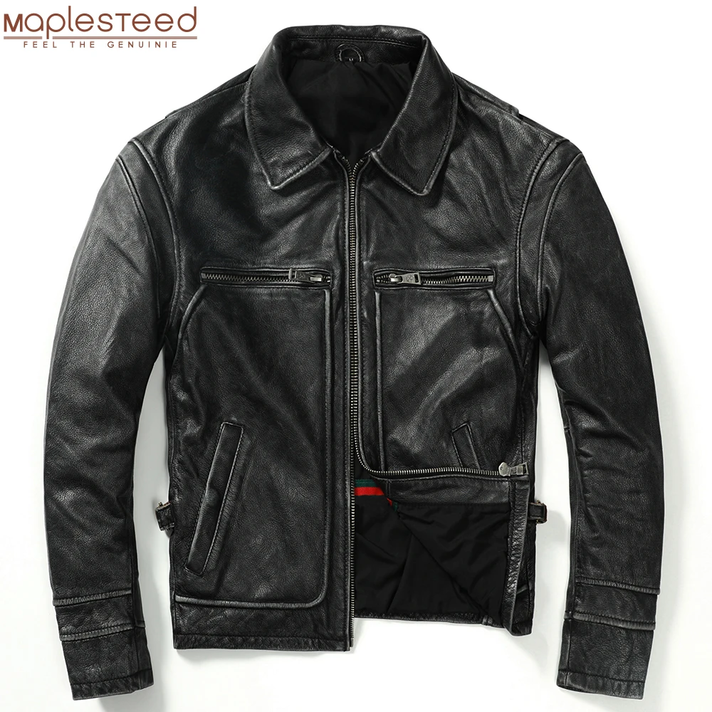 Vintage Men 100% Natural Cowhide Leather Jacket Thick Motorcycle Biker Coat Winter 3 Colors M100