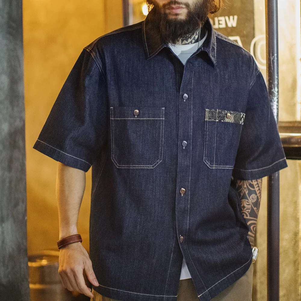 Maden Retro Boro Denim Short Sleeve Shirt Men Summer Indigo Dyed Lapel Single Breasted Casual Overshirt Street Outfits Blouse denim shirt