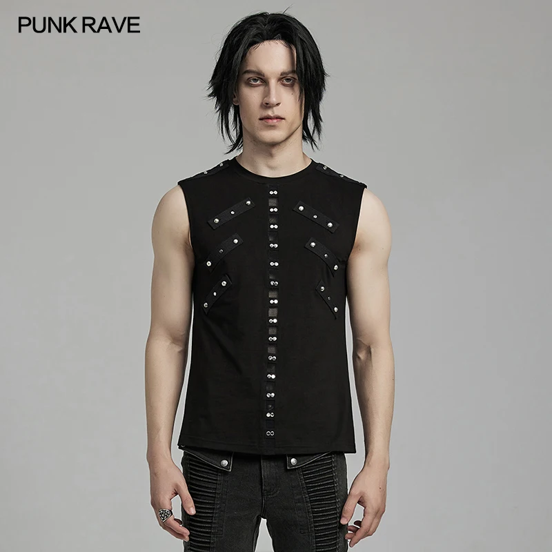 

PUNK RAVE Men's Punk Daily Front Mesh Bottom Decorated Tank Daily Handsome Cool Black Tops Streetwear Summer