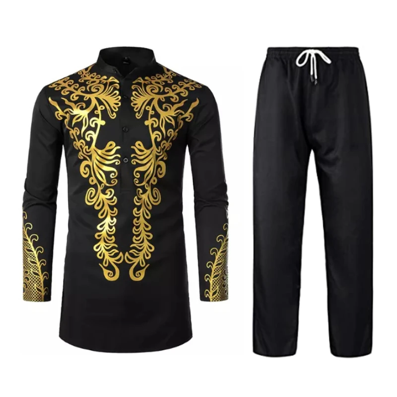

Geometric print black gold high collar luxury casual men's robe two pieces