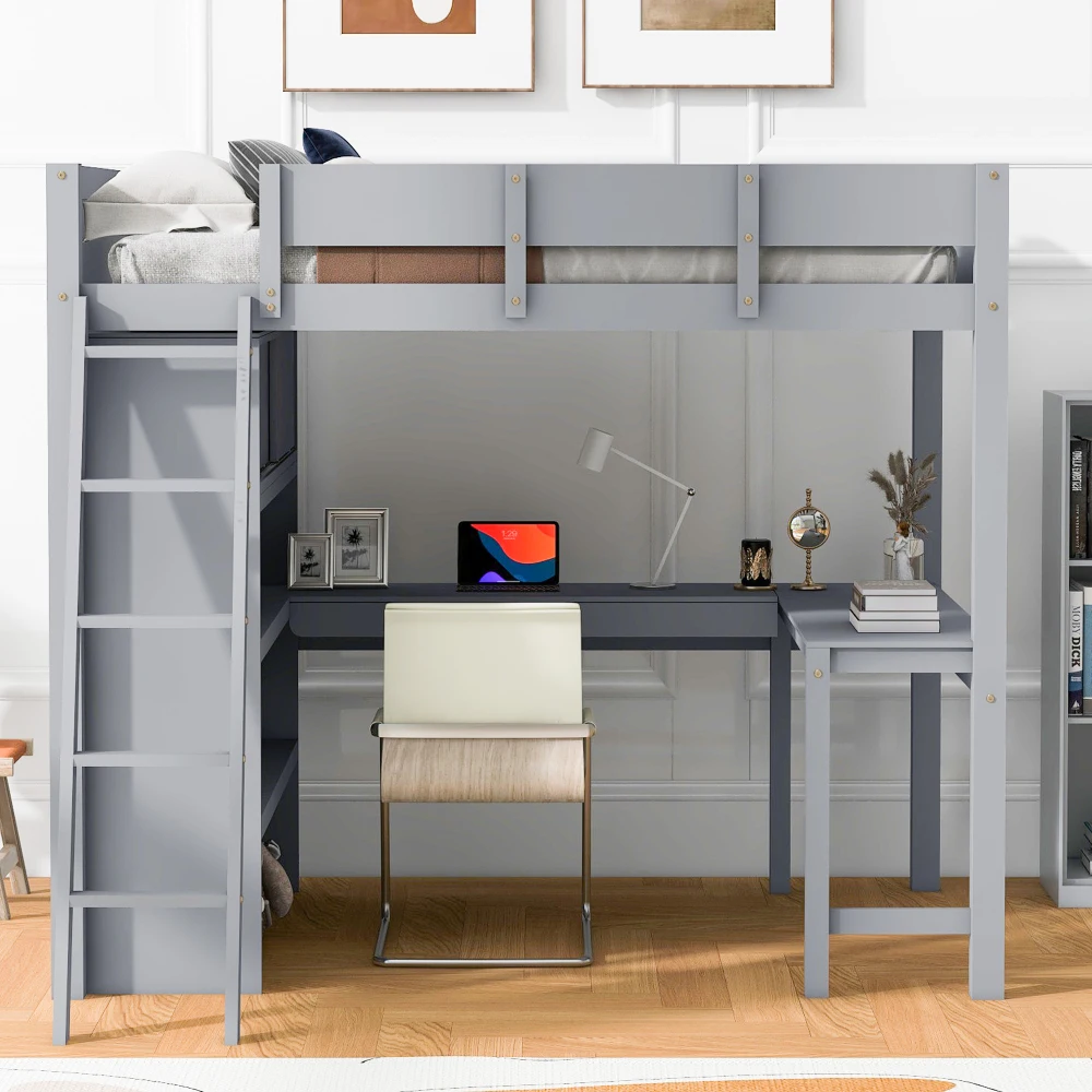Full Size Loft Bed with Desk and Shelf - Gray 2