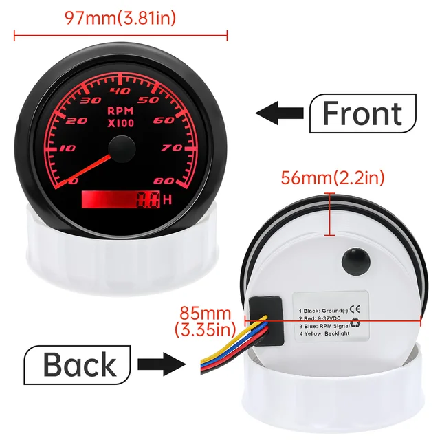 Tachymètre Bateau LCD 85 Mm IP67 étanche - Plage 0-6000 Tr/min, Rétroéclairage Rouge, Compatible 12V/24V