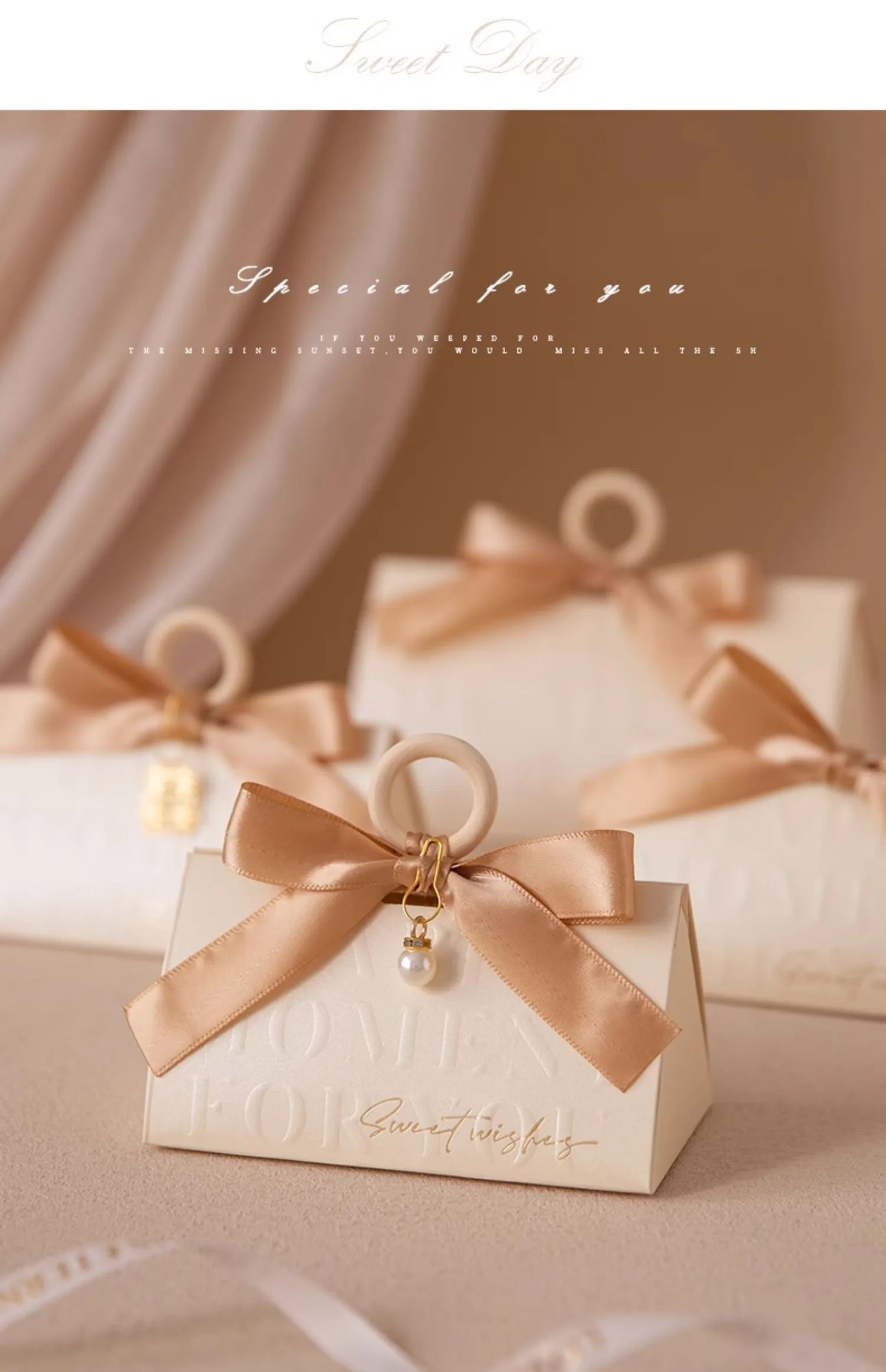 Triangular Champagne Wedding Gift Boxes – Candy Packaging Favor Boxes with Ribbon for B... - SKU WGB17073 - UGI Packaging