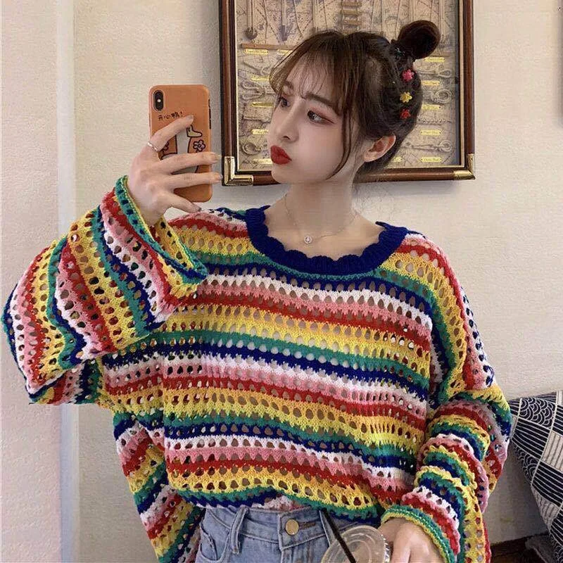 

Spring and Summer Pullover Striped Knitted Top for Women Kawaii Ladies Sweater Cute Round O Neck Korean Fashion Economics Jersey