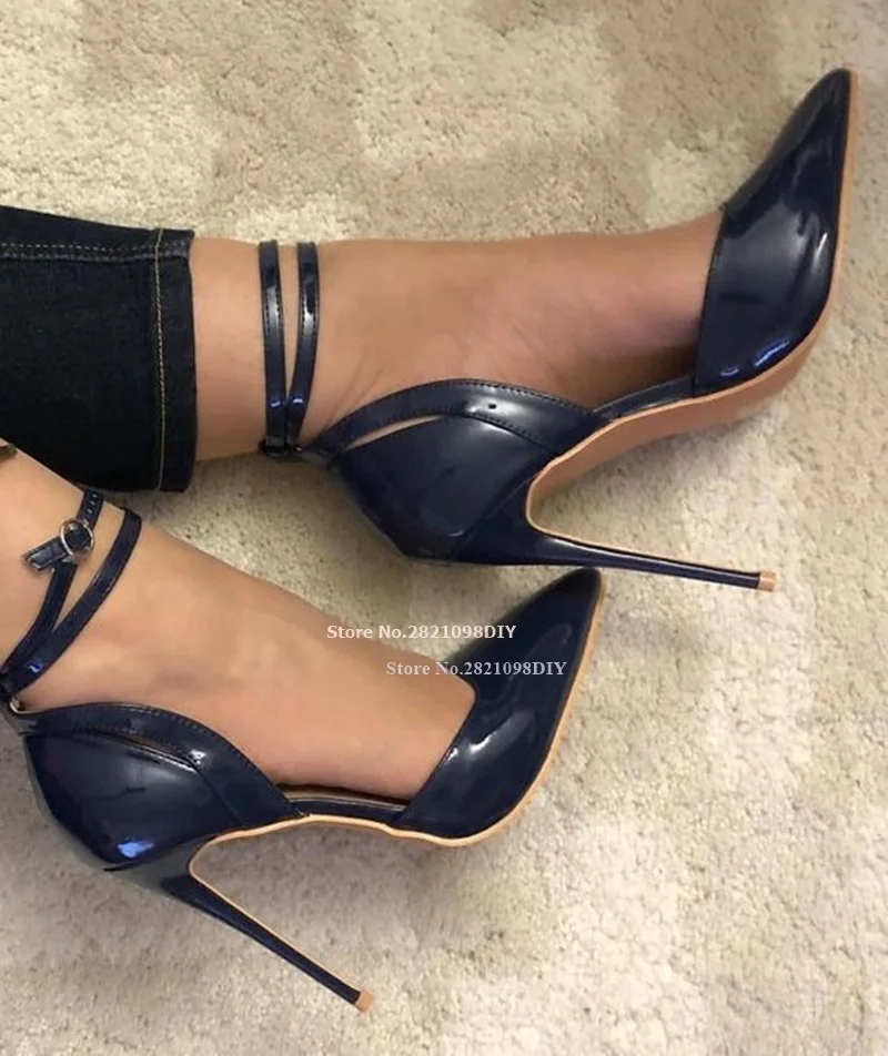 

Black Patent Leather Ankle Wrap Double Straps High Heel Pumps Women Pointy Toe Buckle Fastening Strap Stiletto Heeled Dress Shoe