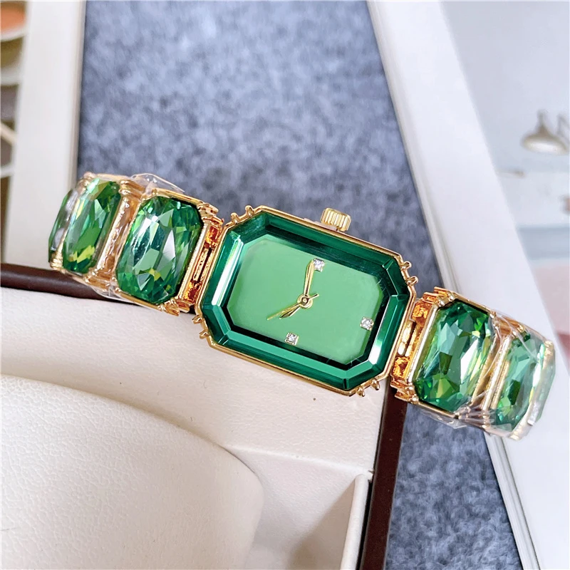 Fashion Brand Wrist Watches Women Girl Beautiful Rectangle Colorful Gems Design Steel Metal Band Clock S72