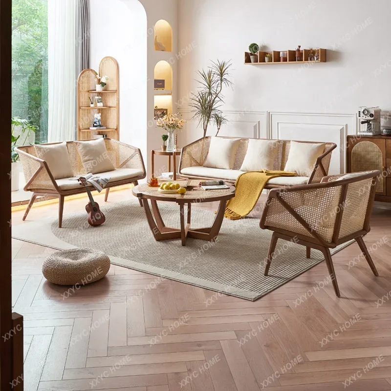 Solid Wood Rattan Sofa Combination White Wax Leisure Three