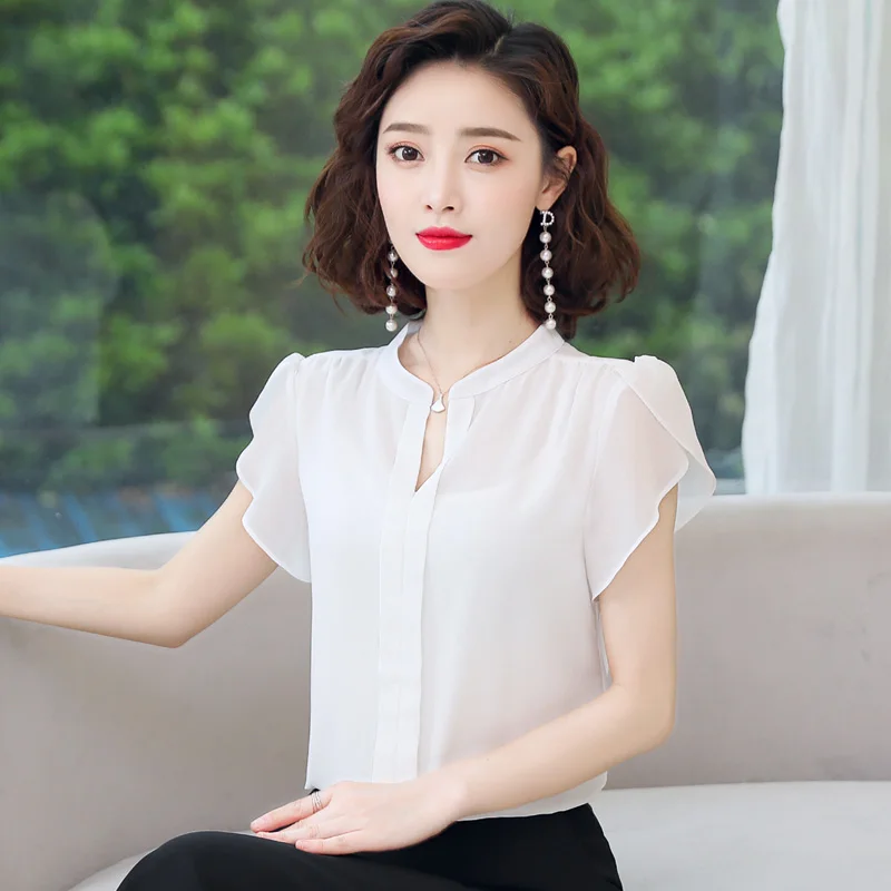 New Women'S Summer Loose Comfortable Temperament Lotus Leaf Sleeves V-Neck Chiffon Shirt Women'S Fashion Versatile Pullover Top