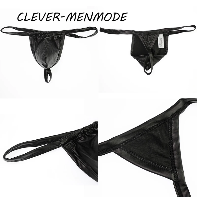 Male Underwear Mens Sexy Thong PU Faux Leather Underwear Bulge Penis Pouch T-back G-string U Convex Wetlook Fetish Costume Exotic Lingerie