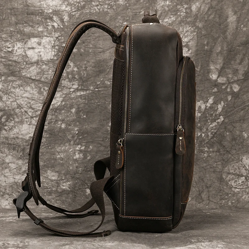 Men's Crazy Horse Leather Backpack 15.6" Laptop Cow Leather Daypack Large Capacity Male Travel Backpack With USB Cable 4