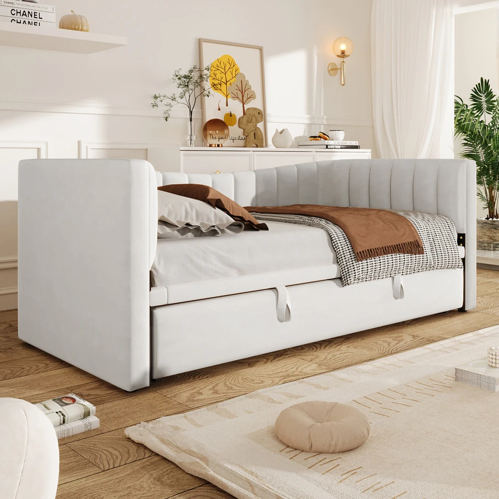 Tagesbett, 90 x 200 cm (180 x 200 cm), gepolstertes Bett mit ausziehbarem Bett, Schlafsofa, Einzelbett, Doppelbett (ohne Matratze), Samt – Detail 21