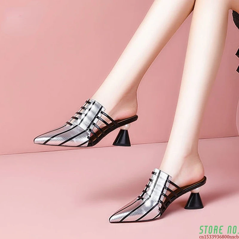 

Silver PU Leather Women Slippers 2021 New Arrival Fashion Summer Casual Sandals Pointed Toe Comfortable Outside Wear Spike Heels