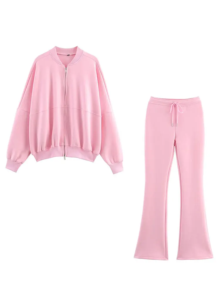 HH Women Elegant Solid Flared Pants Sets Long Sleeve Bomber Jackets Drawstring Trousers Autumn Women Casual Jogging Pant Suits