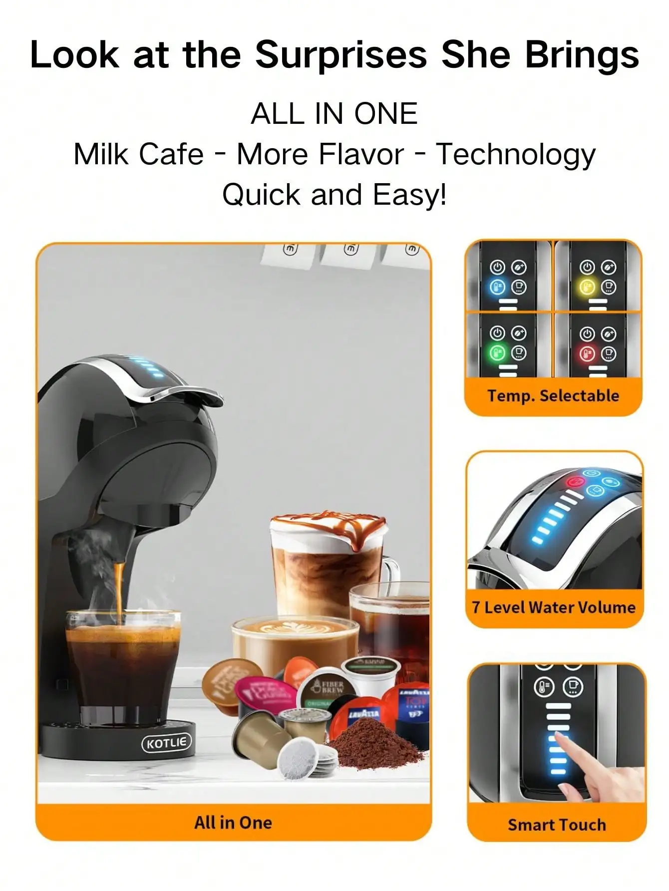 One Pcs Capsule Coffee Machine 5 in 1 Hot and Cold Espresso Coffee Maker for K-Cup Capsule Ese Pod Ground Coffee 19 Bar High Pre 4