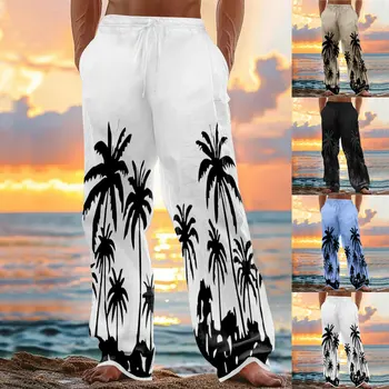 2025 Nuovi pantaloni da uomo primaverili e autunnali stile hawaiano spiaggia stampa cocco pantaloni larghi in cotone e lino casual abbigliamento da uomo 1