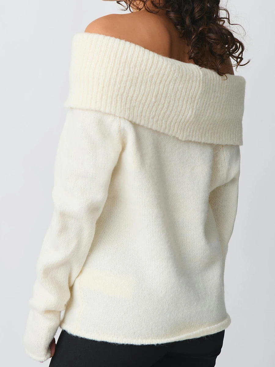 Women Off Shoulder Sweaters Long Sleeve Ribbed Knit Going Out Fall Tops Blouse Solid Color Boat Neck Loose Knitwear Pullover 3