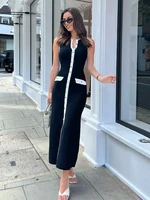 TARUXY Elegant Sleeveless Single-Breasted Ribbed Knitwear Long Dress For Women High Waist Bodycon Knitted Fake Pocket Dress New - Image 2