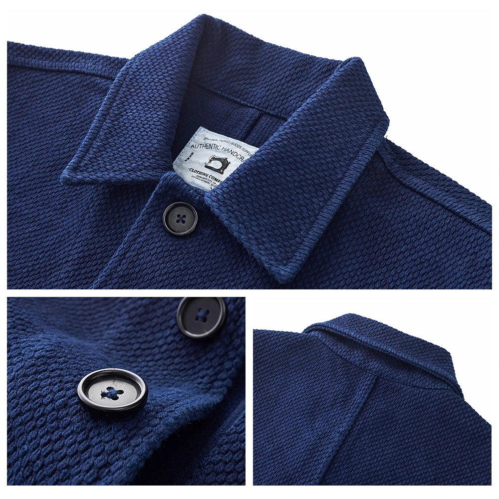 Vintage French Indigo Cargo Jacket Men Autumn Winter New Lapel Multi-pocket Blue Dyed Tooling Jacket Retro Casual Cardigan Coat 4