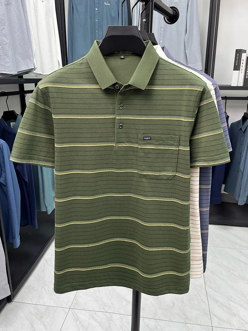 High quality stripe men short sleeve polo shirt light luxury pocket comfort breathable summer silky cotton casual lapel T-shirt 22 Sdd75a898af5c4771b70aa13c79f93ceef