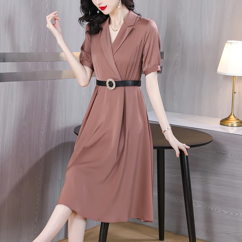 

Dress female summer new mom middle-aged high-end temperament slim short sleeve high waist long suit skirt slimming