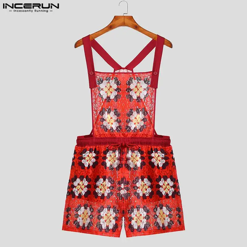 Stylish Casual Style Shorts INCERUN Men's Tracery Lace Printing Rompers Sexy Male Party Shows Hot Selling Shorts Jumpsuits S-5XL