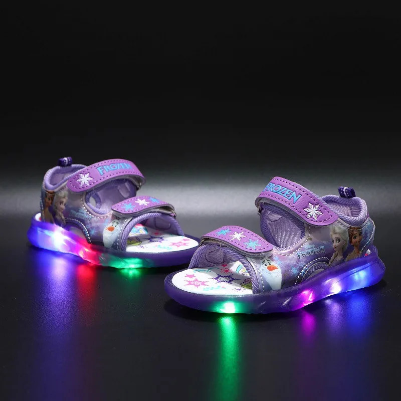 thumbnail image 1 of Disney-sandalias de verano para niños, zapatos de Frozen Priness, Elsa, Anna, luz LED, playa, rosa, morado, talla 21-31, 1 of 4