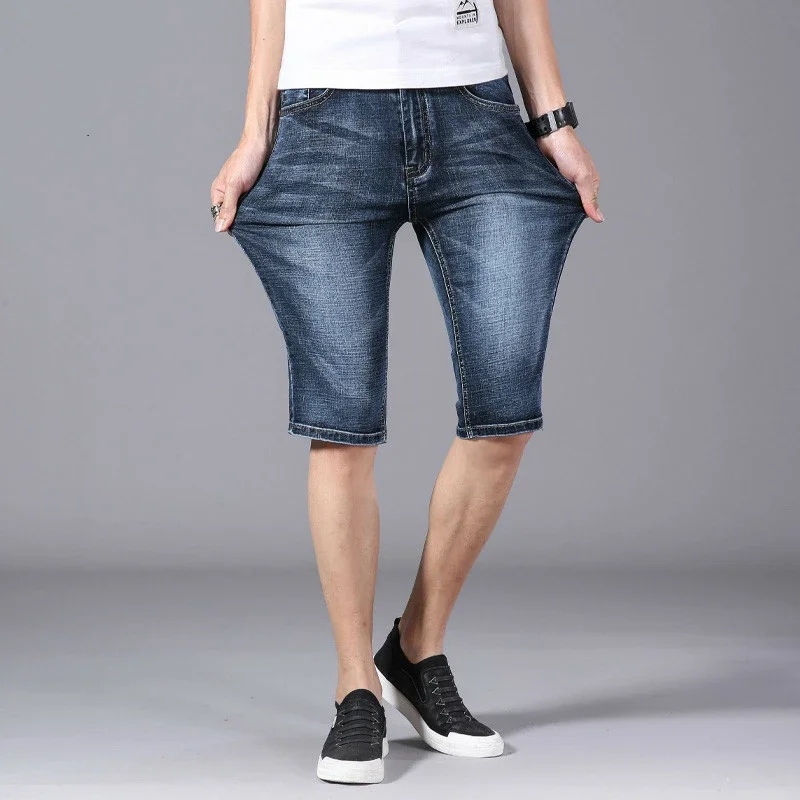 Men's Denim Shorts Summer Fashion Brand Stretch Thin Cotton Cowboy Male Knee Length Breeches Blue Casual Jeans Shorts Men