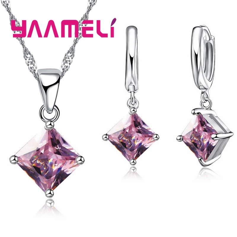 Jewelry Sets Jewelry Set Women Earrings Chain Necklace Women Pendants Necklace Simple Geometry Square Earrings Crystal 925 Sterling Silver Jewelry Sets for Wedding