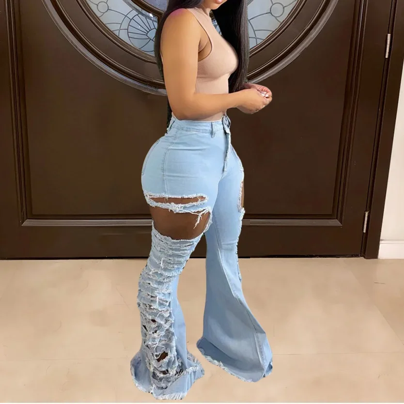 Sheath Women Jeans African Mid Waist Ripped Elastic Full Length Denim Flare Pants Female Fashion Casual Trousers Autumn 2024