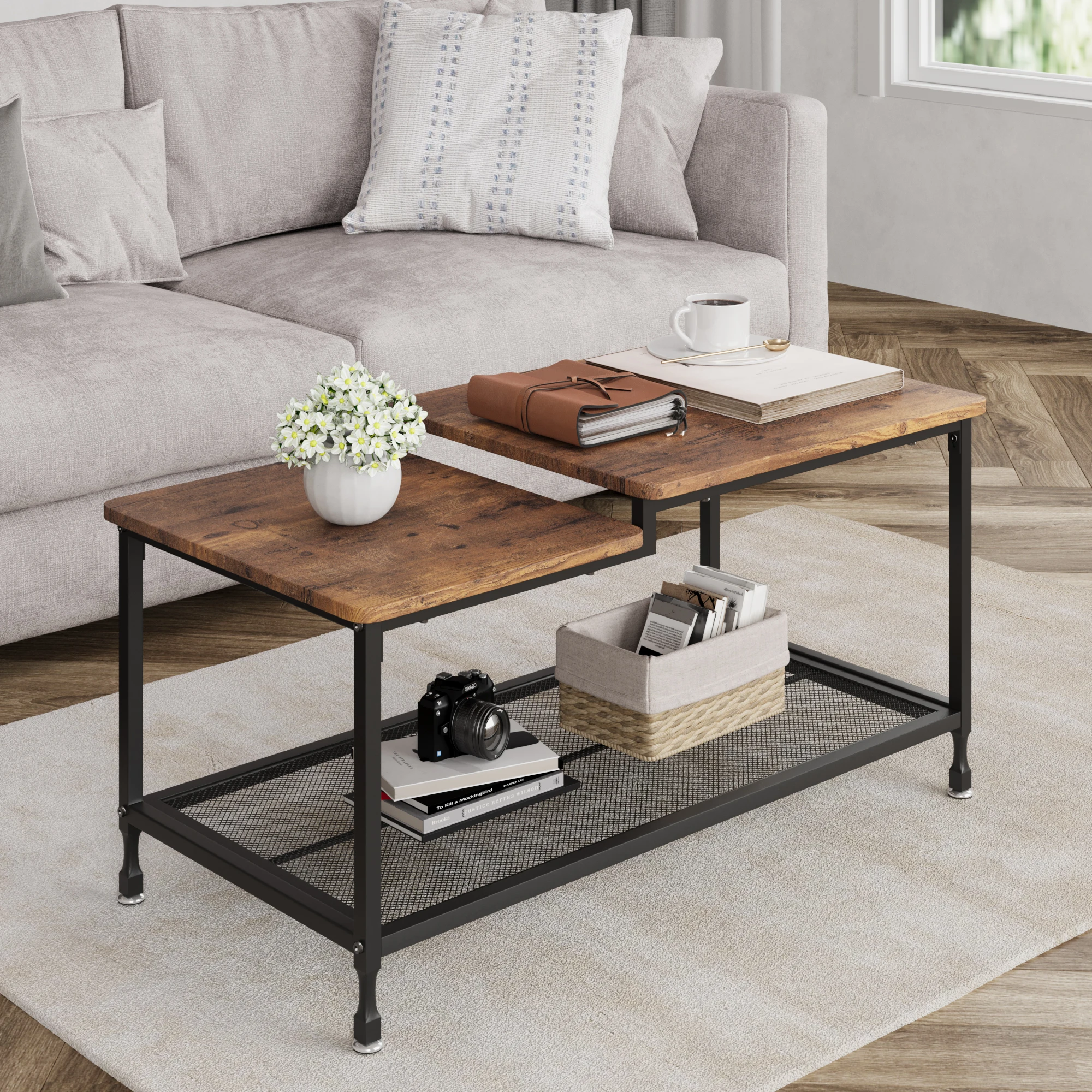 Industrieller Vintage-Couchtisch, 2-stufiger Mitteltisch, einfacher, einfach zu montierender Wohnzimmertisch für die Inneneinrichtung – Detail 3