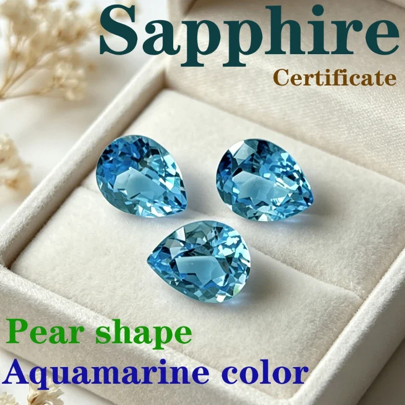 Synthetischer Edelstein Saphir Birnenform Aquamarin-Farbe Zertifiziert Handgeschliffen