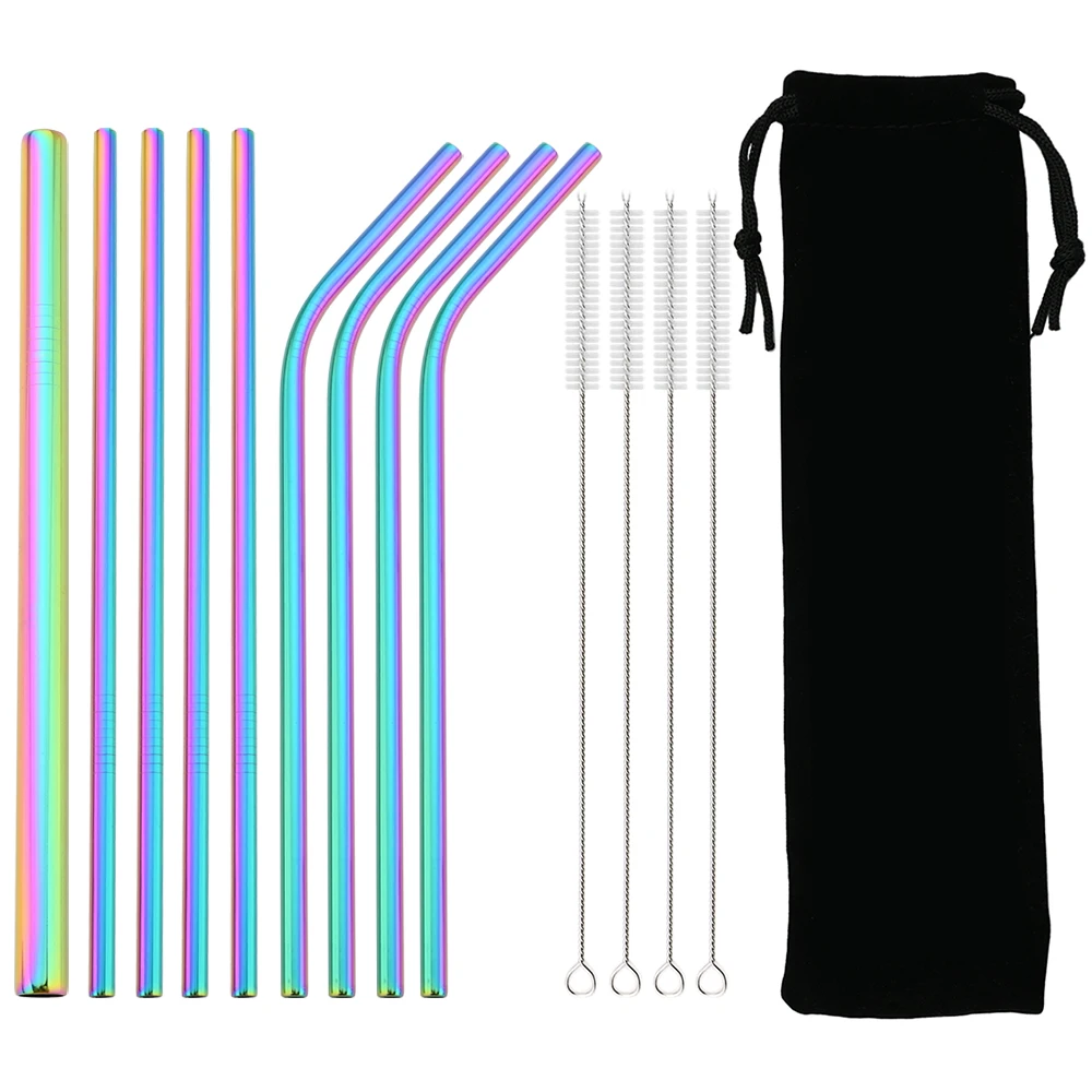 Colorful Reusable 304 Stainless Steel Drinking Straw Set with Case and Cleaning Brush