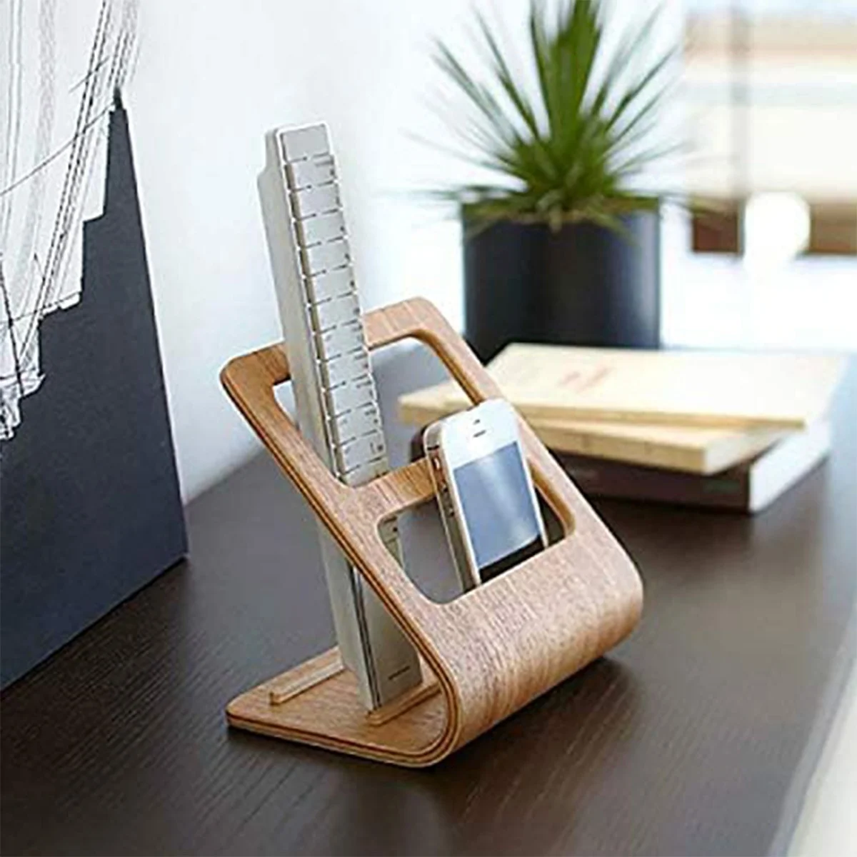 Wooden Remote Control Organizer with Dual-Slot Media Storage