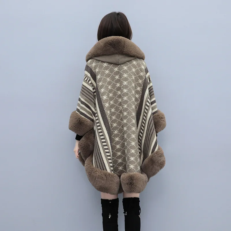 2023 Winter New Women Imitation Fur Cloak Woolen Coat Mid Length Version Thick Warm Outwear Fashion Vintage Hooede Cape Outcoat