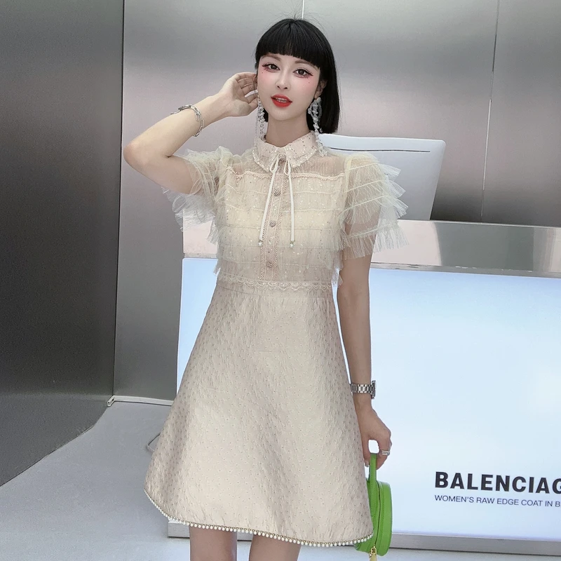 

Женское Элегантное летнее платье с воротником «Питер Пэн», роскошное Сетчатое жаккардовое платье с жемчужными бусинами и блестками на подоле