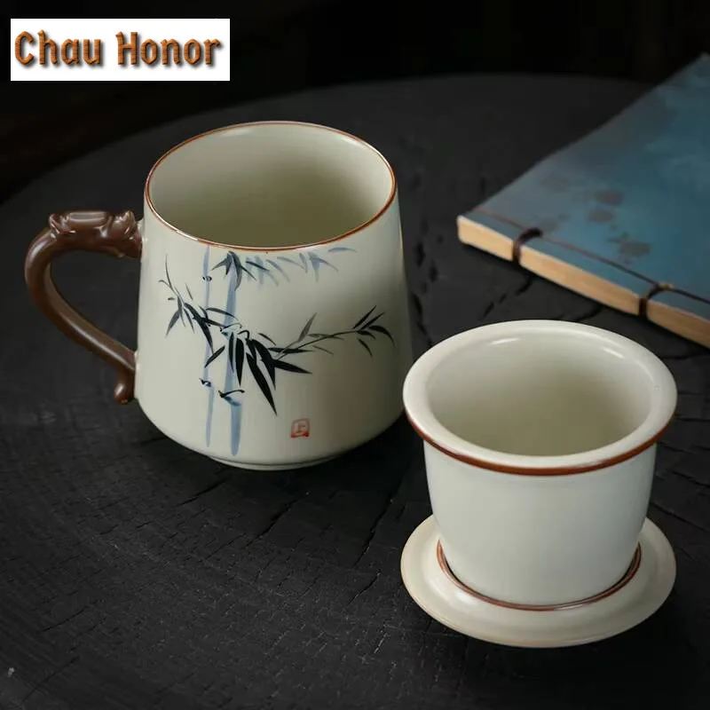 390ml Hand-painted Beige Ru Kiln Open-piece Ceramic Tea Cup Office Cup with Lid Filtered Water Cup Personal Use Mug Gift Box