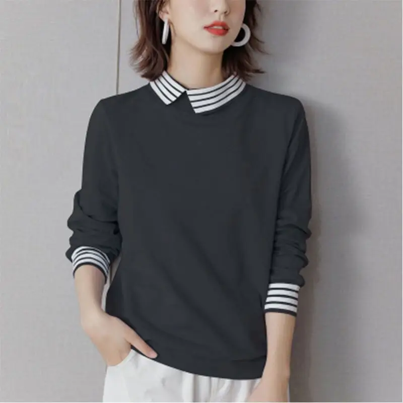 Spring Autumn Striped Casual Patchwork Lady Sweatshirt Loose Long Sleeve Pullover Krean Style Simple Jumper All-match Top Women luckymarche le match porket anorak jumper qwuax23311nyx