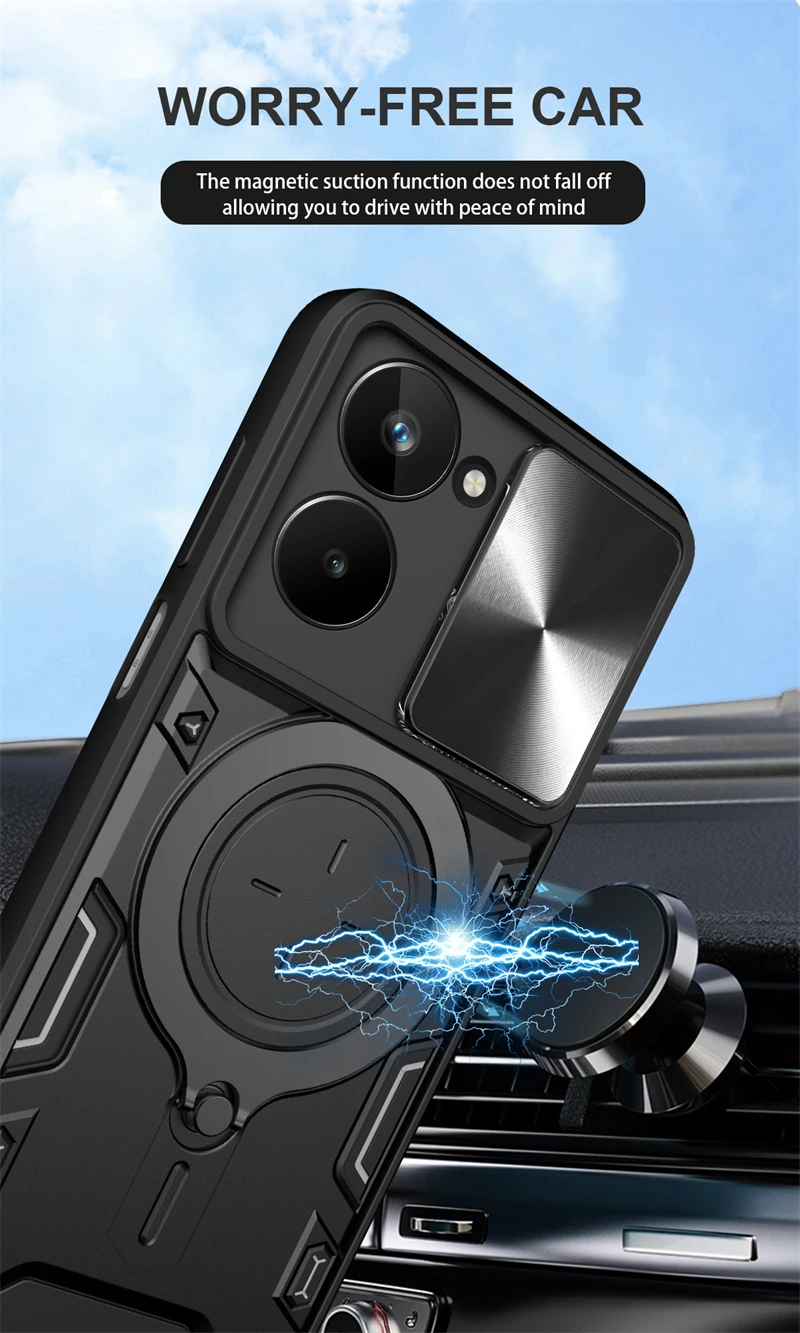 Enhanced Shockproof Armor Phone Cover with Ring Holder & Slide Camera Protection