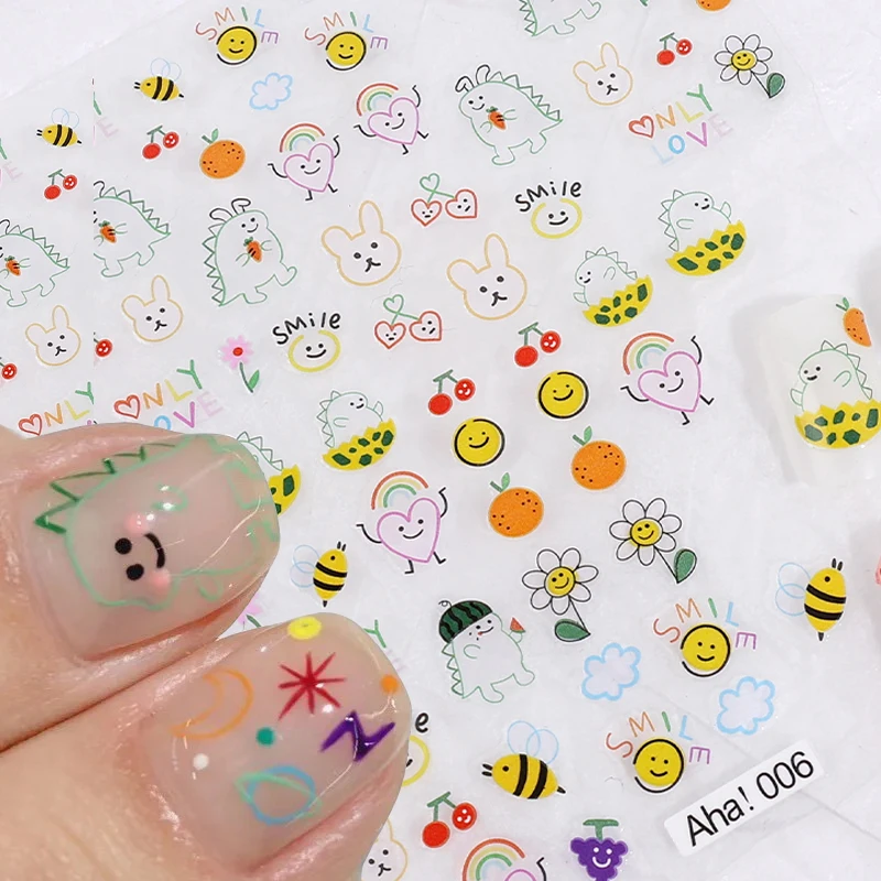 

1PC Cartoons Dinosaur Nail Stickers Self-adhesive Cute Graffiti Dinosaur Line Bee Flowers Design Decals Nails Art Decorations