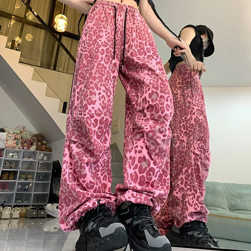 여성용 헐렁한 하라주쿠 청바지, 여성용 Y2k 빈티지 바지, 여성용 레드 레오파드 무늬, 일본 2000 년대 와이드 레그 팬츠, 미국 스트리트웨어