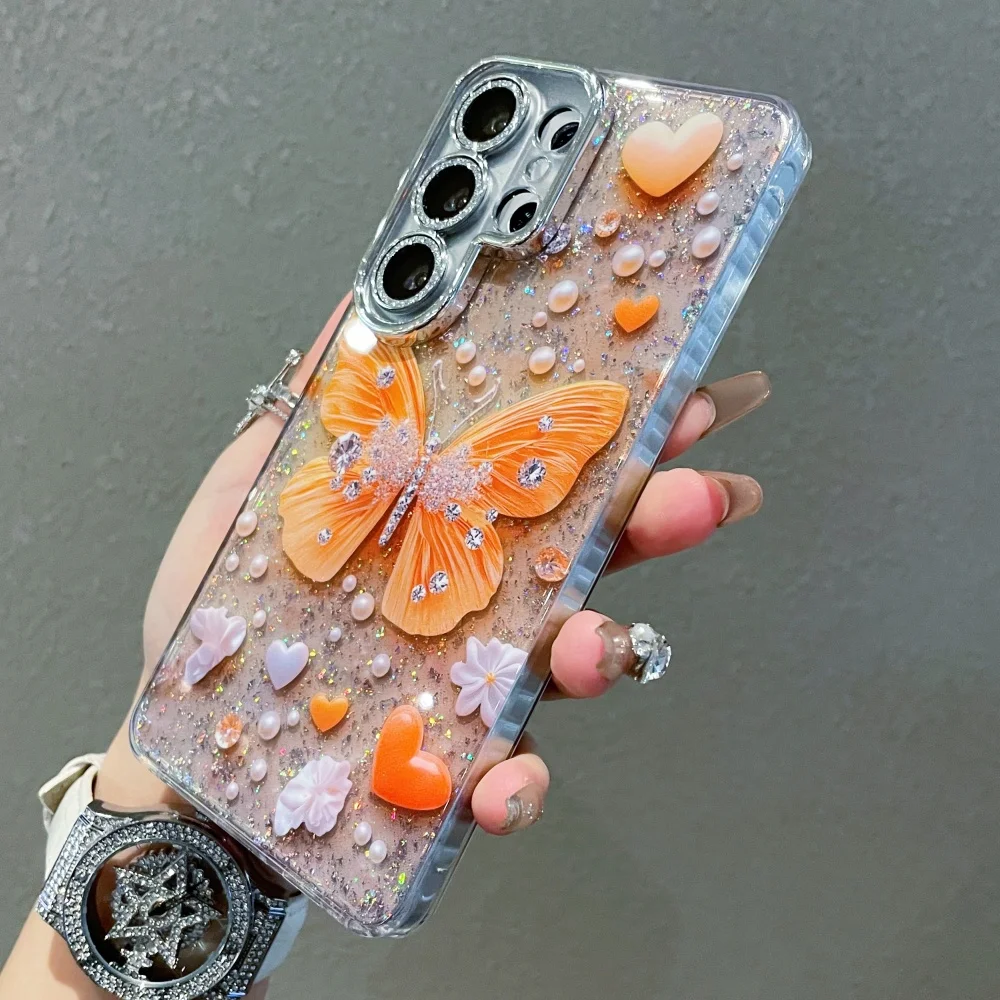 Luxurious Sparkling Diamond Butterfly Pearl Pattern Bling Glitter Silicone Case