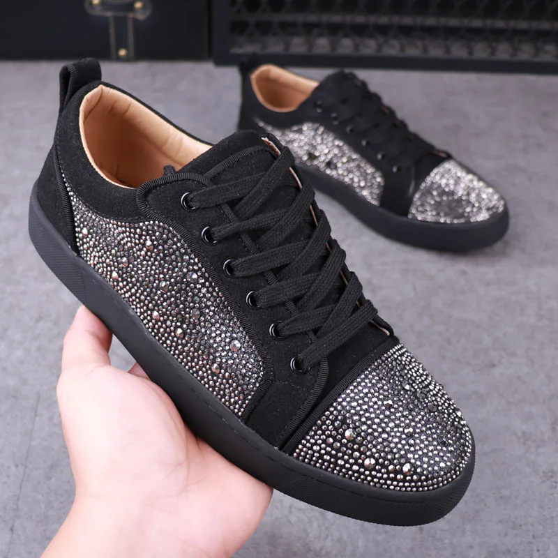 New Designer Fashion Men's Charm Rhinestone Black White Lace Up Shoes Male Causal Flats Moccasins Walking Sneakers 2