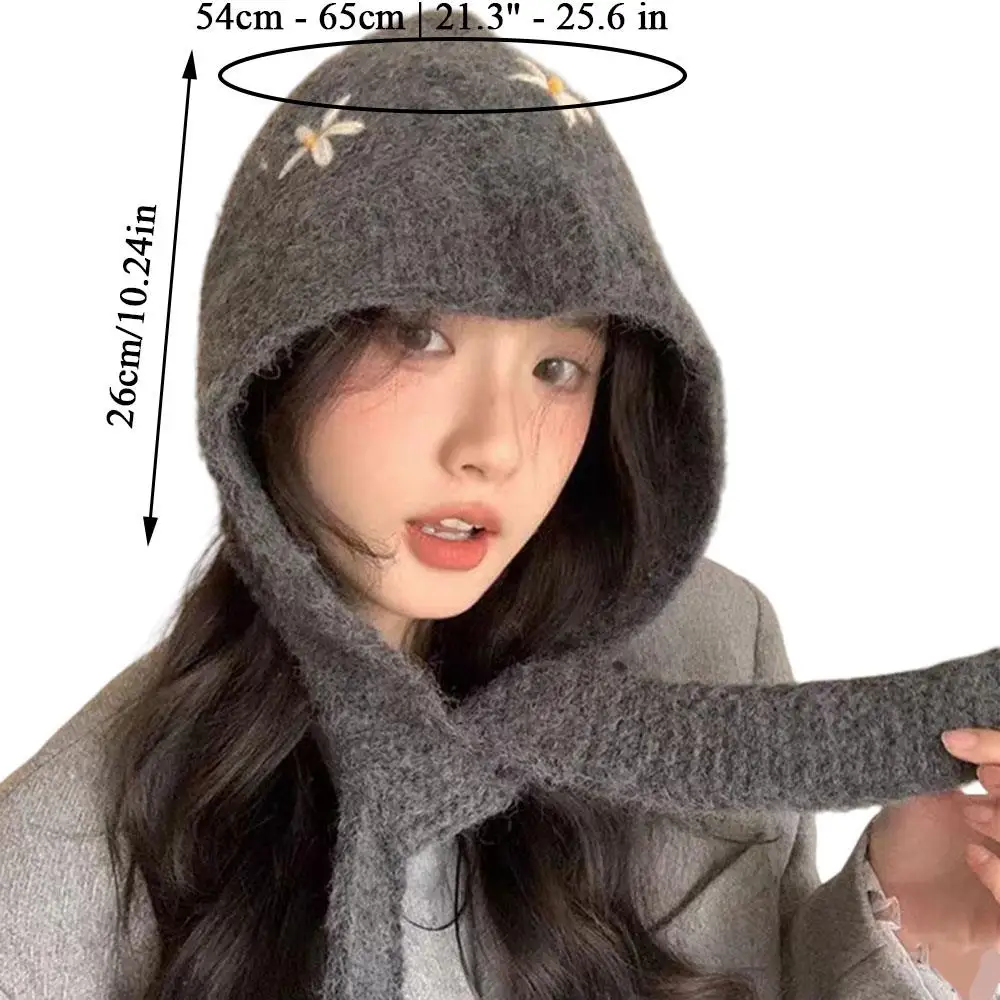 Korean Style Knitted Balaclava Hat With Embroidered Flowers Winter Warm Woolen Neck Collar Beanies Cap Coldproof Pullover Cap