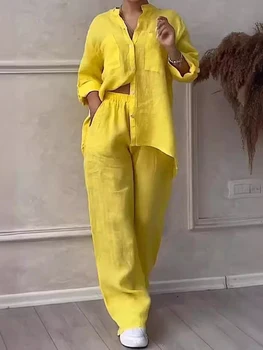 Rafiah Women's Sets Summer Fashion Comfortable 2025 Plain Loose Fit Shirt Collar Long Sleeve Top Maxi Pants Casual Sets 3