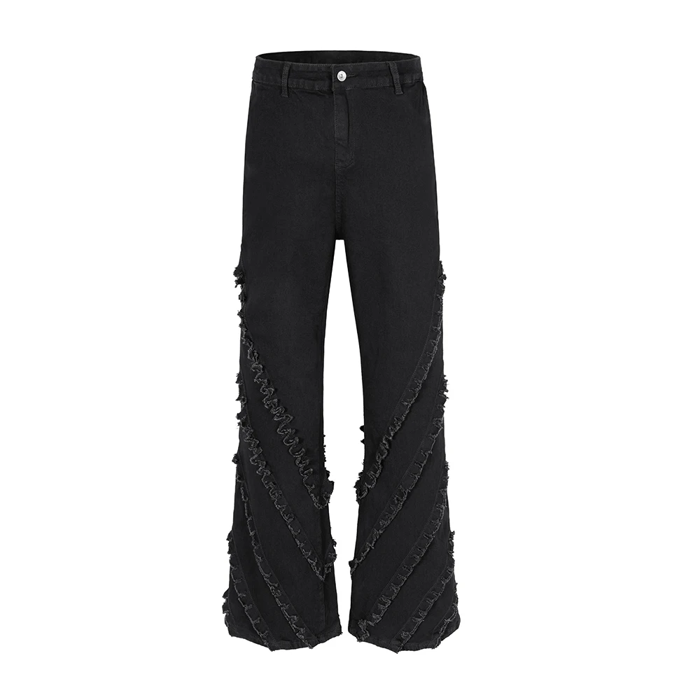 

RO Style Rough Edge Fringe Washed Black Flare Jeans Pants Men's Straight Solid Color Baggy Denim Trousers Oversized Loose Cargos