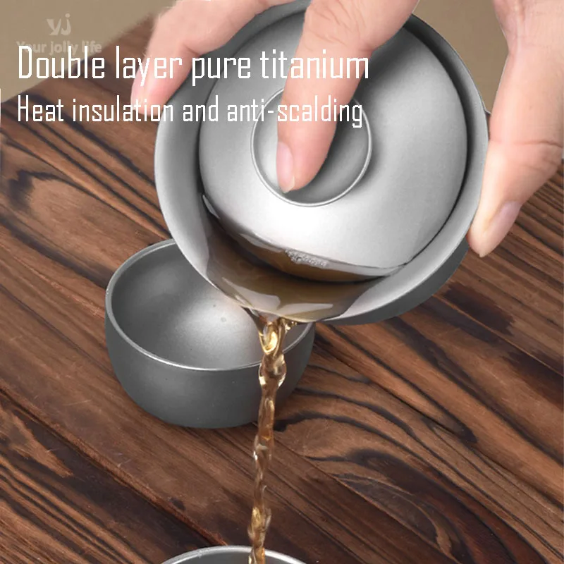 130ml Pure Titanium Gaiwan,Double-layer Insulating And Anti-hot Kung Fu Tea Set,Portable Home Outdoor Camping Small Tea Bowl