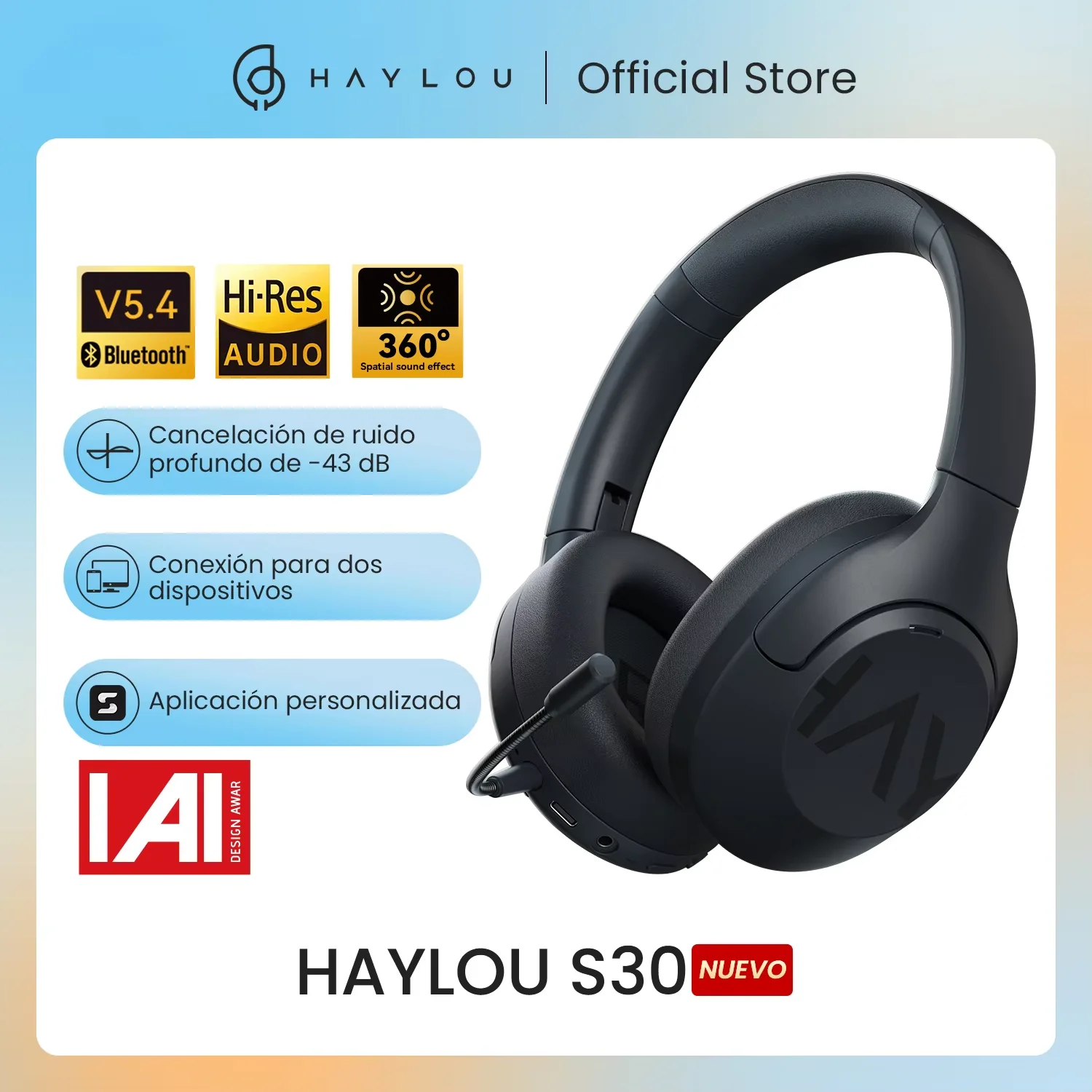 HAYLOU S30 Auriculares inalámbricos Bluetooth 5.4 con micrófono Auriculares con cancelación de ruido Hi-Res Audio 43dB Auriculares activos con controlador de 40mm